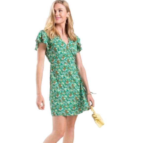Mi Ami Size L Green Floral Wrap Dress Lined Flirty Flouncy Fabric Flutter Sleeve - Picture 1 of 13